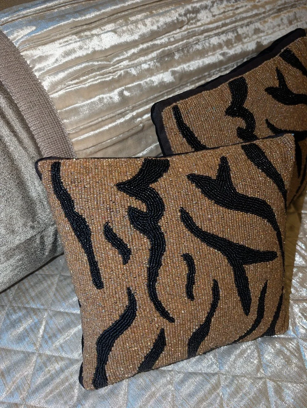 vintage ETHAN ALLEN pair of beaded velvet accent pillows tiger